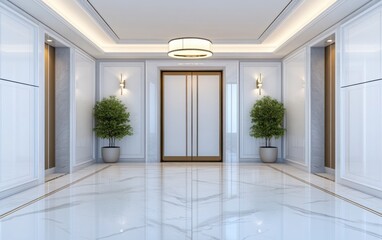 A luxurious residential entrance with marble floors, warm ambient lighting, and elegant decor. 