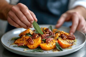 Roasted butternut squash with pecans and sage, a delicious and visually appealing autumnal dish.