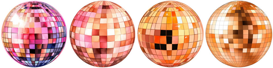 Fototapeta premium Concerts performance and visuals watercolor, A collection of shimmering disco balls in various colors, reflecting light and creating a vibrant atmosphere.