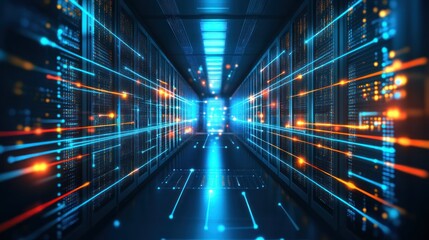 Futuristic Data Center Corridor with Glowing Lines