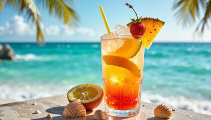 Refreshing Rum Punch at seaside bar with tropical fruits, summer vibes