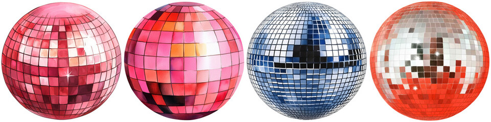Fototapeta premium Concerts performance and visuals watercolor, Four vibrant disco balls reflecting light, showcasing different colors and patterns, ideal for festive events and dance parties.