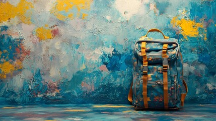 Artistic Backpack Displayed Against Vivid Abstract Oil Painted Backdrop