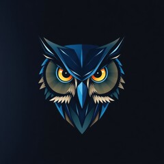 Obraz premium Striking owl portrait with geometric features and vibrant yellow eyes against a dark background.