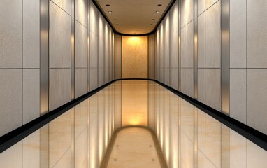 Obraz premium A minimalist hallway with sleek metal panel walls, ambient hidden lighting