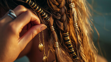 Close-up of a fishtail braid with gold beads and leather straps, fingers adjusting the strands while bright sunlight enhances the contrast of the accessories, rugged and bold