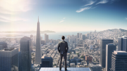 Naklejka premium Businessman Contemplating on a Rooftop Overlooking Cityscape