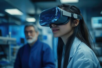 A young woman scientist uses a VR headset in a lab, exploring innovative technologies and virtual worlds.