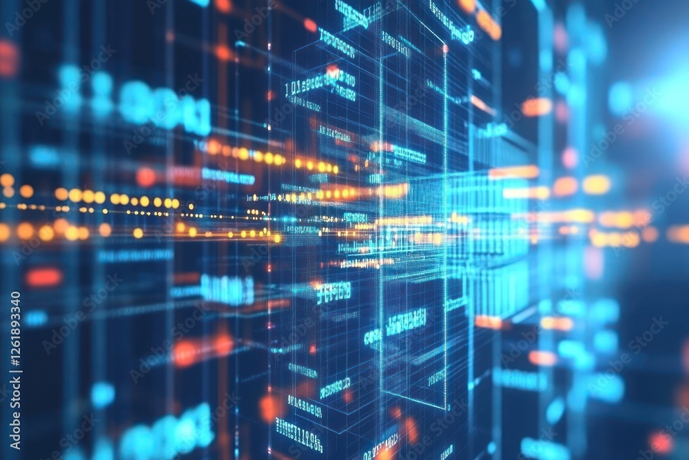 Poster abstract digital data visualization with glowing lines and grids, representing technology and inform