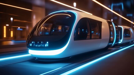 Futuristic Transport Vehicles Gliding Through Neon Urban Landscape