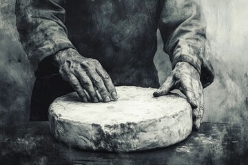 Aged hands carefully shape a large wheel of cheese, a testament to traditional craftsmanship.