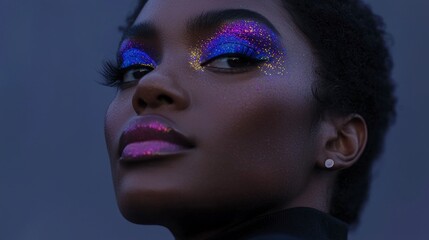 Obraz premium Close Up Portrait of a Woman with Colorful Glitter Makeup