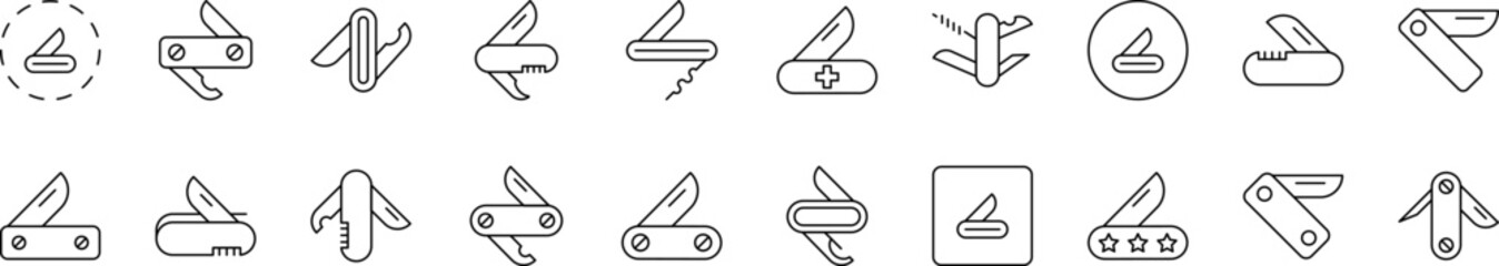 Camping Line Icon Set. Folding Knife Outline Signs for Graphic and Web Design, Apps, Adverts, Various Cards