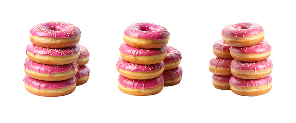 stack of pink glazed donuts set isolated on a transparent background, in a PNG format