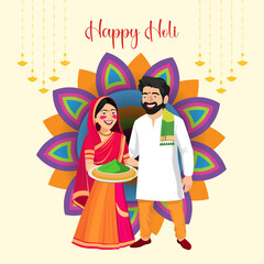 A festive Holi image featuring a happy Indian couple in traditional attire, with vibrant gulal, a colorful backdrop, 