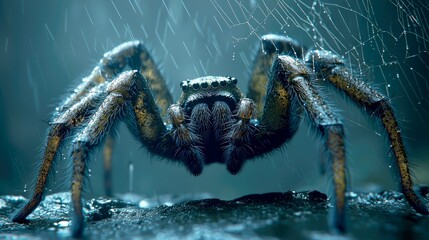 Closeup of a Spider in the Rain: A Dark and Moody Macro Photograph
