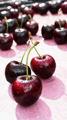 Closeup of Three Red Cherries with Water Droplets on Pink Background