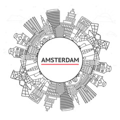 Outline Amsterdam Netherlands City Skyline with Historic Buildings and copy space Isolated on White. Amsterdam Cityscape with Landmarks.