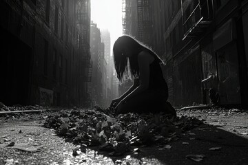 A lone woman kneels in a desolate, sunlit alleyway, amidst fallen leaves, conveying a sense of solitude and melancholy.