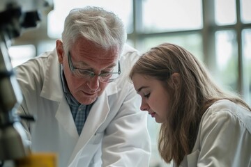 Obraz premium Senior scientist mentoring a young female researcher in a lab setting, focused on their work.