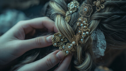 Close-up of a messy braid decorated with vintage brooches, fingers gently intertwining the strands, soft diffused light casting a glow on the brooches, retro and detailed
