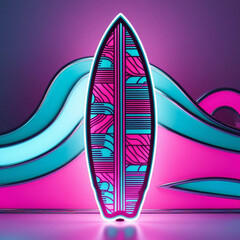 A glowing, neon-lit surfboard icon with retro patterns and futuristic waves