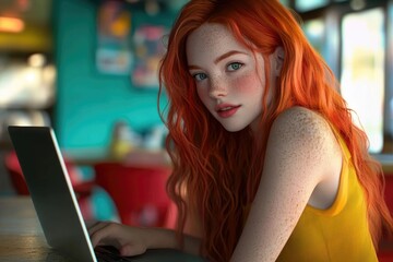 Fototapeta premium A freckled redhead with flowing hair works on a laptop in a vibrant cafe.