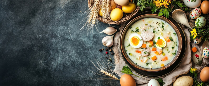 A beautifully decorated Easter table set for a zurek traditional Polish Easter meal. AI generative.