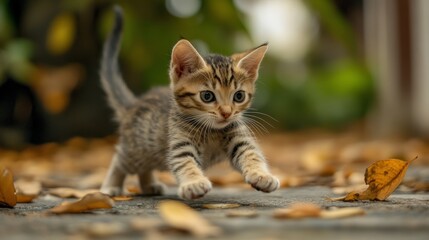 Playful Kitten Among Autumn Leaves