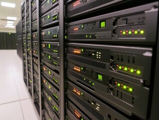 A close-up view of a modern data center showcasing rows of illuminated servers with green and orange lights, emphasizing technology and efficiency
