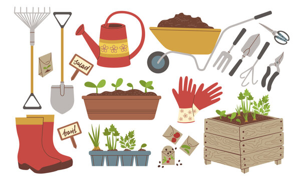 Concept of love for gardening. Collection of gardening items. Different garden tools and seedlings, wheelbarrow and gloves. Vector illustrations isolated on white background
