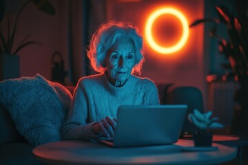 Elderly woman using laptop at night, illuminated by neon lights, serene expression.