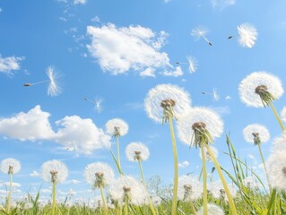 Dandelion seeds blowing in the wind open field nature bright blue sky eye level serenity