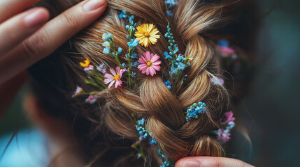 Close-up of a messy fishtail braid decorated with tiny colorful flowers, fingers gently pulling sections of hair, natural light casting soft shadows, playful and natural