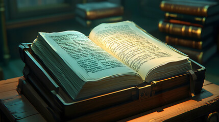 Open ancient book on wooden stand, library background, knowledge, research