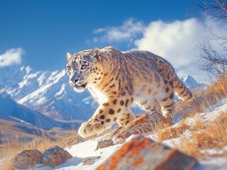 Fototapeta premium Snow leopard walking across rocky terrain in majestic mountains nature scenic view