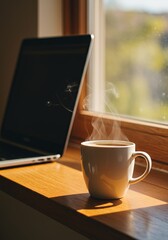 Coffee and Laptop by Window - Morning Workspace