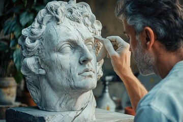 A sculptor meticulously refines a classical bust, showcasing artistry and dedication to detail.