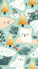 Fototapeta premium Cute Cats Sleeping Amidst Gold Glitter Trees and Snow Winter Holiday Pattern