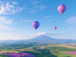 Naklejka premium Colorful hot air balloons over scenic mountain landscape outdoor adventure aerial view travel inspiration