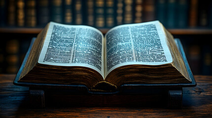 Obraz premium Open antique book on wooden stand, library background; religious, historical context