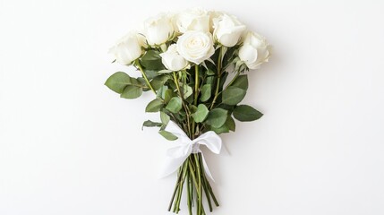 White roses bouquet, tied with ribbon, on white background; for wedding invitations