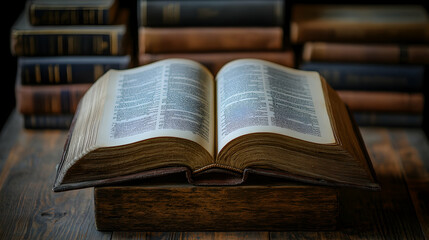 Obraz premium Open antique dictionary on wooden stand, books background, education research