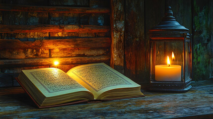 Open book, candlelit lantern, rustic setting, night reading, peaceful mood, stock photo