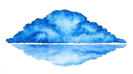 Serene blue watercolor cloud perfectly reflected in calm water. AI Generated
