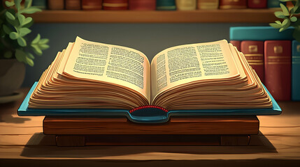 Obraz premium Open book on wooden stand, library background, reading, knowledge