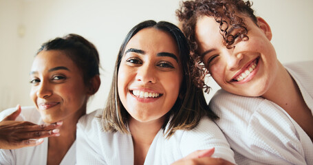 Relax, friends and selfie of happy women at spa for holiday, luxury vacation or group at beauty resort. Girls, photo and portrait together at hotel for wellness, skincare and pov at sleepover party