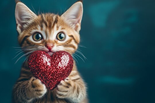Cute bengal young cat with sparkling rhinestones red heart - sign of love, funny greeting card. Digital ads visual idea. Bengal - my cherished cat. Fluffy cat valentine. Love concept photo.