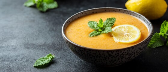 Bowl of Smoothie Garnished with Mint and Lemon Slice on Dark Surface
