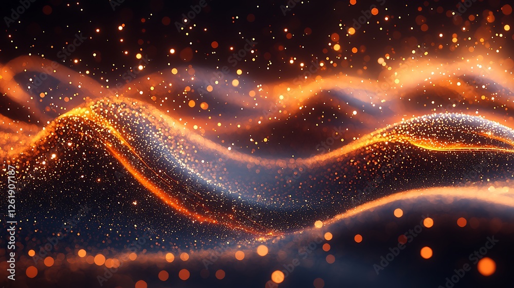 Wall mural sparkling abstract: abstract digital artwork with a dynamic wave of particles glowing in vibrant ora